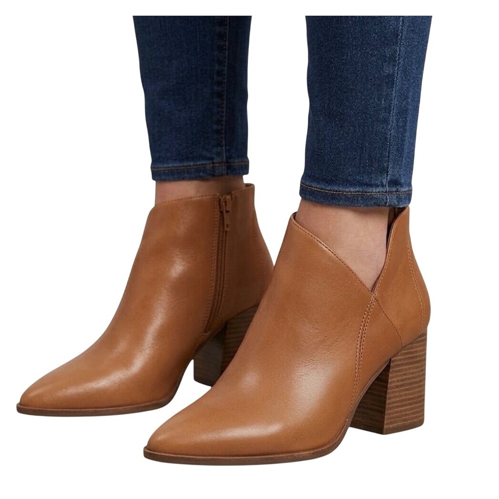 Arezzo Cora Tan Nappa Leather Pointed Toe Side Cutout Block Heel Ankle Boots 9B